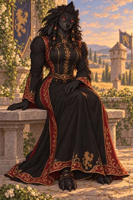 Anora · Schwarzes Kleid mit rot-goldenen Verzierungen